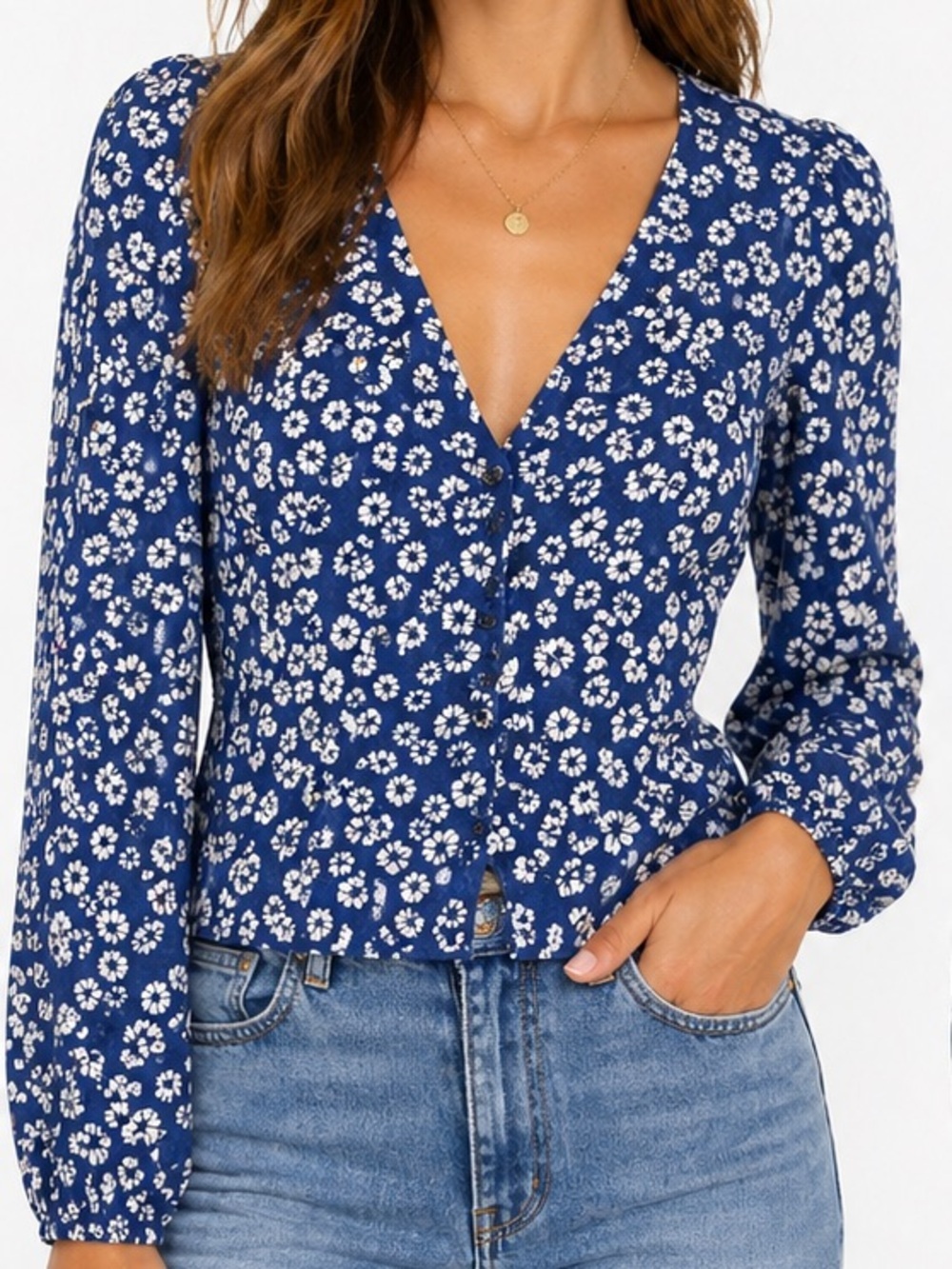 Reformation Floral Blue Top Long Sleeve Button Front V Neck Size XS - Picture 1 of 10